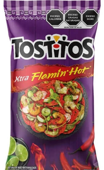 Tostitos Xtra Flamin' Hot chips featuring vibrant colors and flavorful ingredients, perfect for snacking.