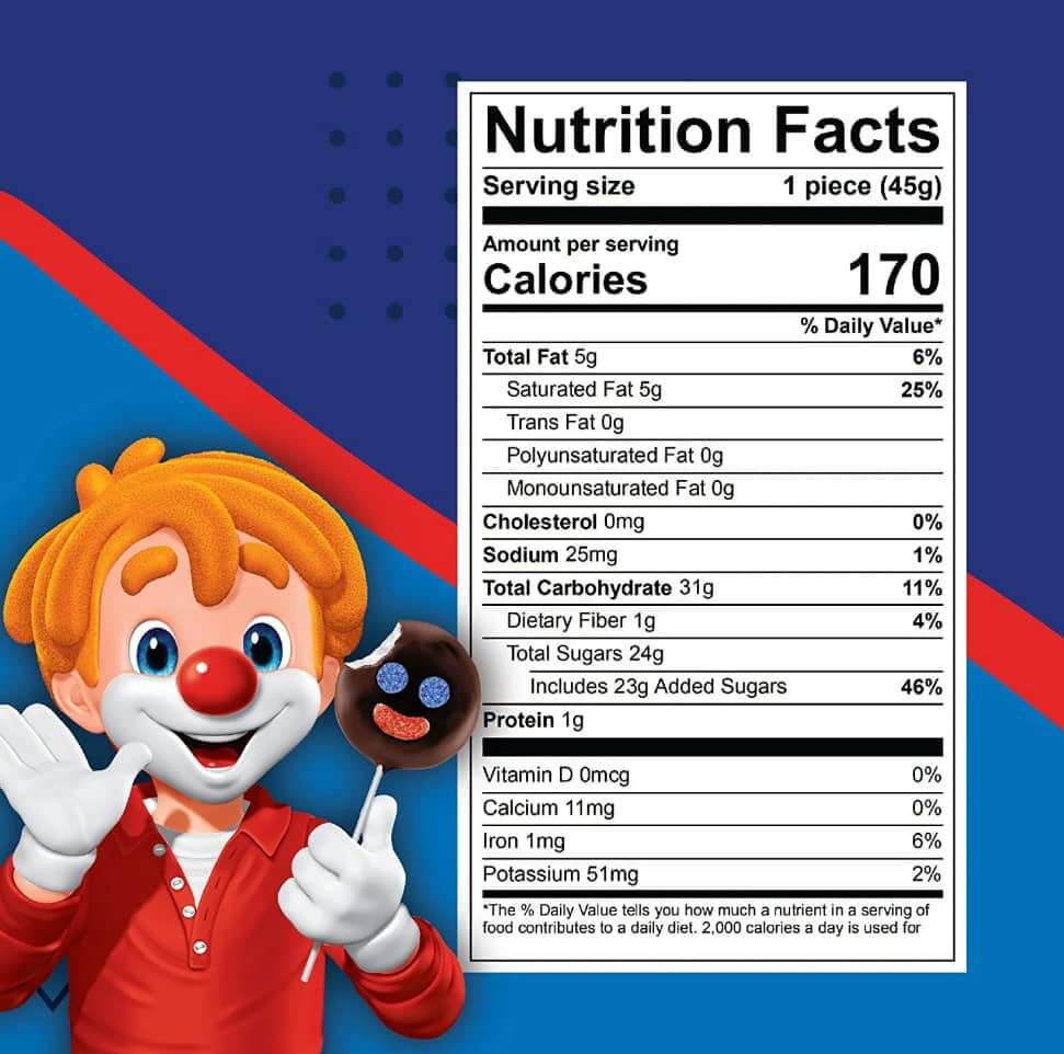 Nutrition facts label for Ricolino Paleta Payaso Marshmallow Lollipop showing calories and ingredient details.