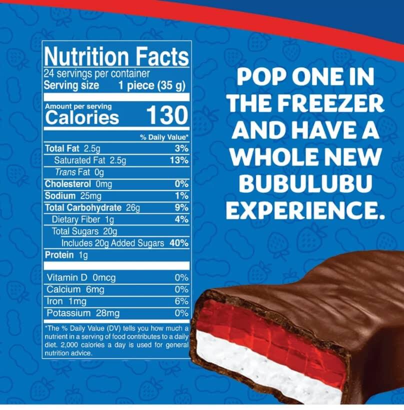 Nutrition facts for Ricolino Bubulubu chocolate marshmallow bar, detailing calories and ingredients.