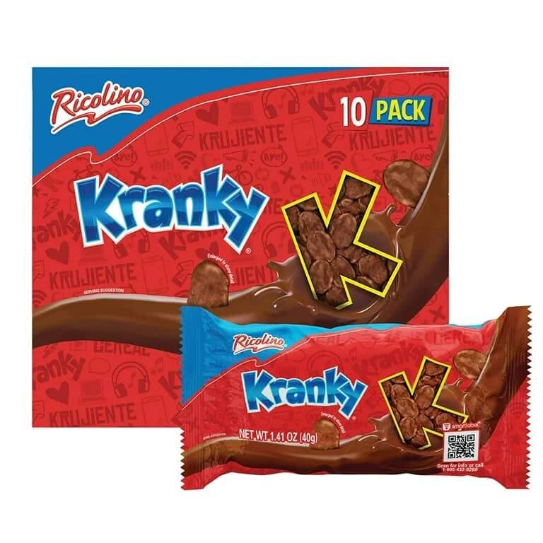 Ricolino Kranky 10 pack chocolate coated cornflakes, featuring vibrant packaging and a snack bar.