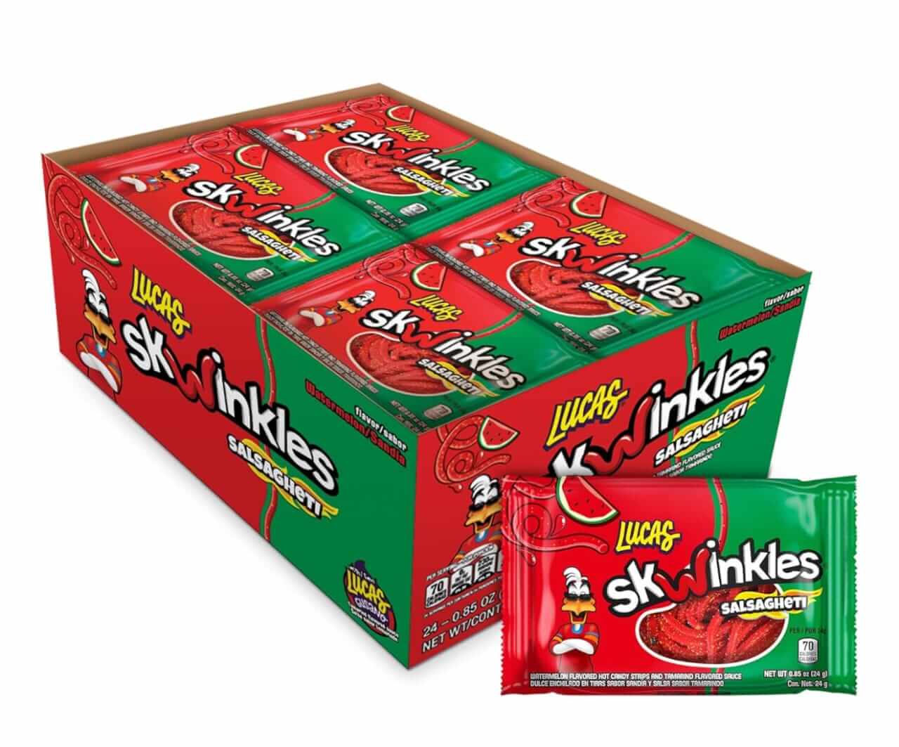 Lucas Skwinkles Salsagheti Watermelon candy box with packs, featuring unique sweet, sour, and spicy flavors.