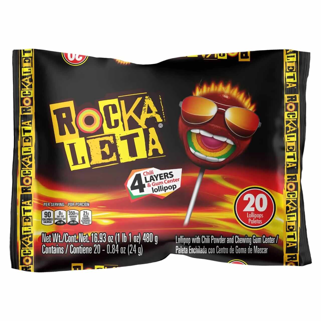 20 pack of Rockaleta lollipops featuring chili powder and gum center, perfect sweet and spicy treat.