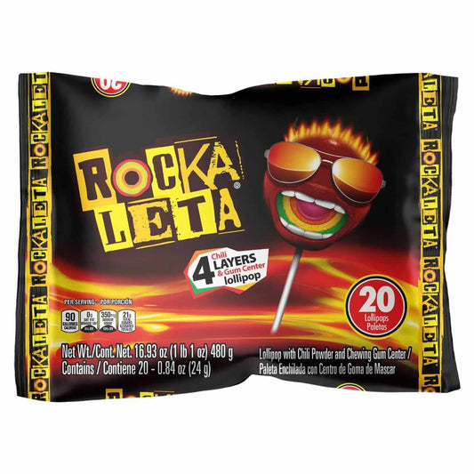 20 pack of Rockaleta lollipops featuring chili powder and gum center, perfect sweet and spicy treat.
