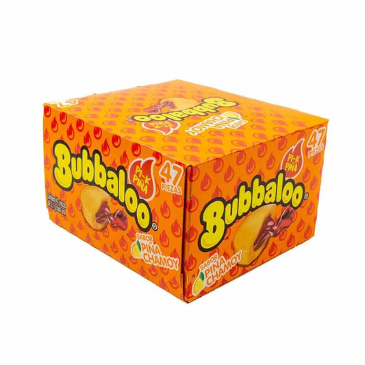 Bubbaloo chicle box with 47 Piña Chamoy pieces, featuring vibrant orange packaging and jelly-filled gum.