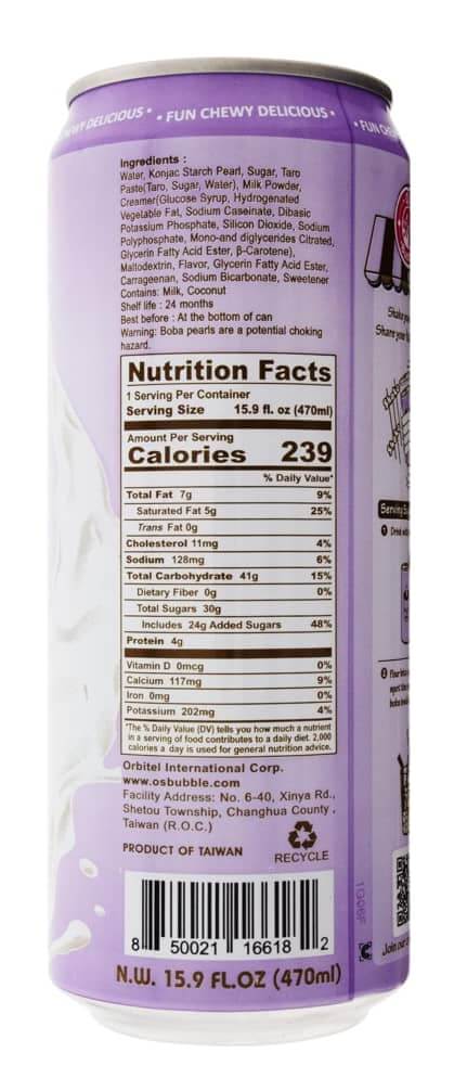 Nutrition facts label of Gummy Boba Latte drink can, featuring ingredients and calorie information, made in Taiwan.