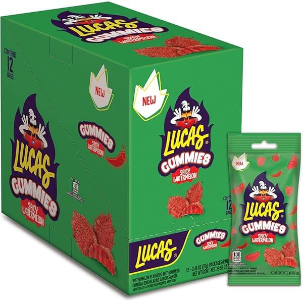 Lucas Gummies box and pack featuring Spicy Watermelon flavor with sweet and spicy chili coating.
