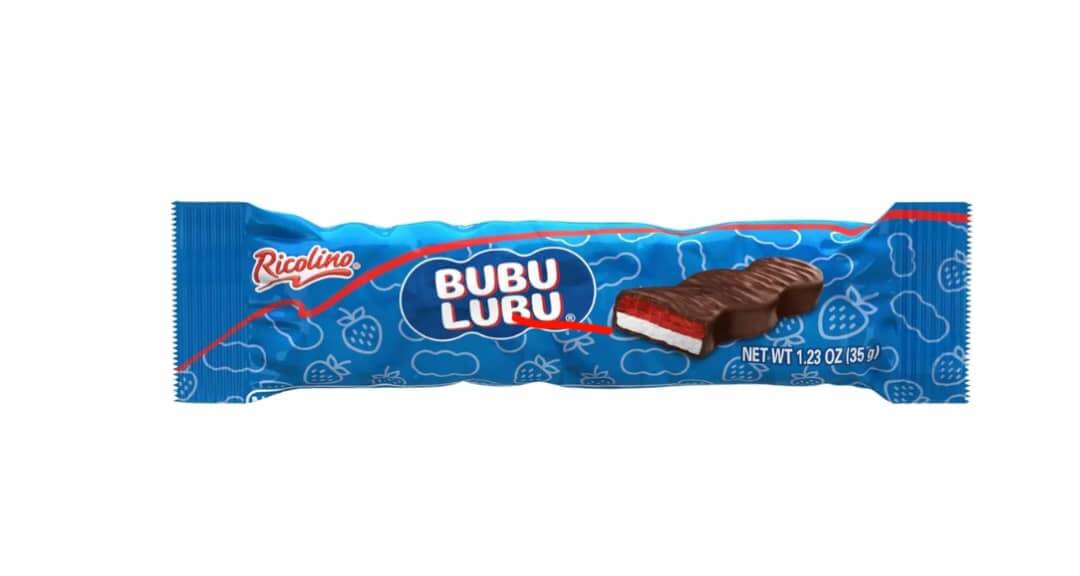 Ricolino Bubulubu chocolate marshmallow bar packaging, featuring chocolate coating and strawberry filling, perfect for sharing.