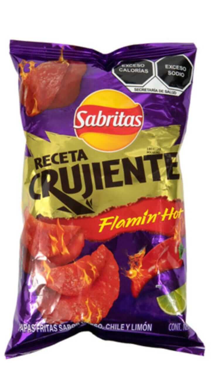 Sabritas Flamin' Hot chips package featuring vibrant colors and bold design, celebrating Mexico's favorite snack.