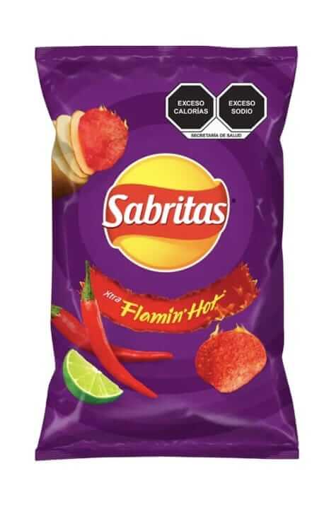 Sabritas Flamin' Hot snack bag showcasing bold flavors and iconic branding with vibrant colors and chili peppers.