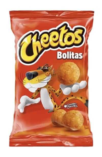 Cheetos Bolitas snack packaging featuring a playful cartoon cheetah and crispy cheese balls.