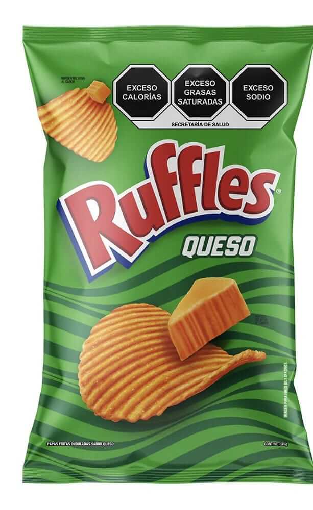 Ruffles Queso potato chips bag showcasing crispy, wavy snacks flavored with cheese, perfect for snacking.