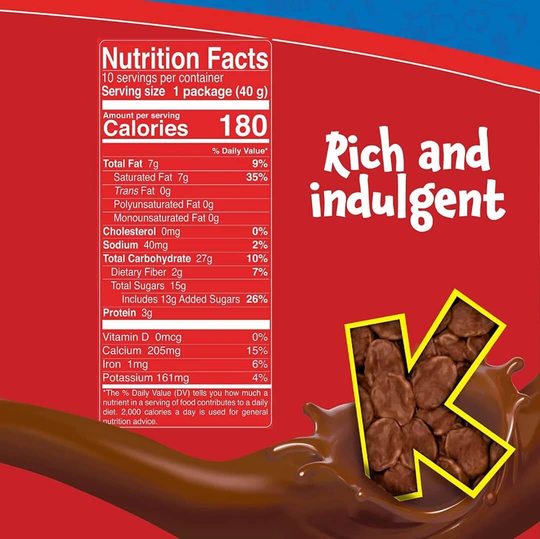 Nutrition facts for Ricolino Kranky chocolate covered cornflakes, highlighting calories and rich ingredients.
