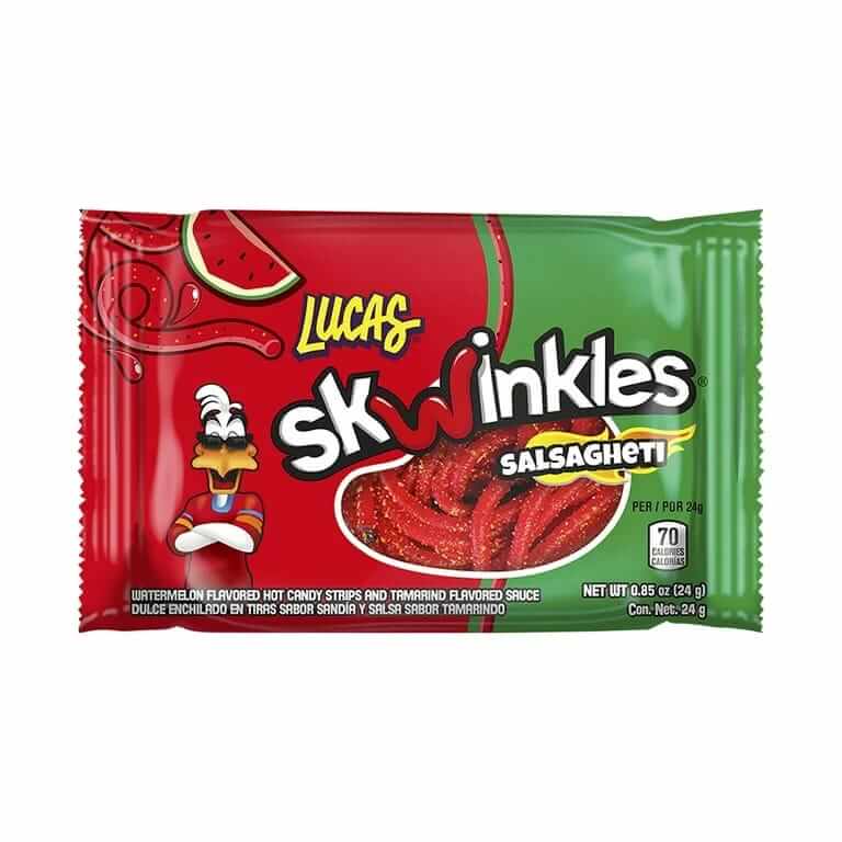 Lucas Skwinkles Salsagheti watermelon candy strips with tamarind sauce in vibrant packaging.