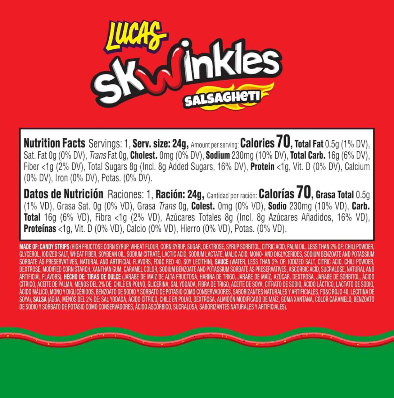Nutrition facts for Lucas Skwinkles Salsagheti Watermelon Candy with calories and serving size information.
