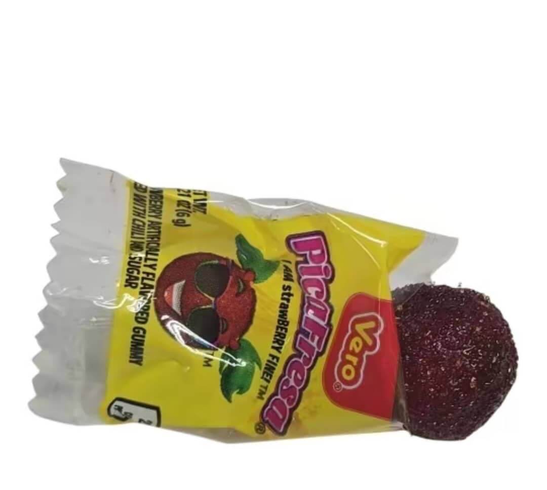 Vero Pica Fresa gummy candy in packaging, featuring sweet strawberry flavor with a spicy chili twist.