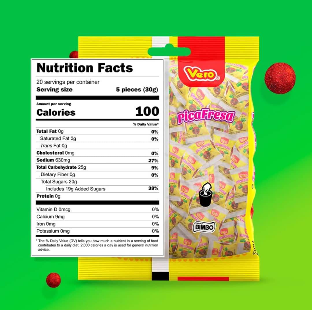 Vero Pica Fresa gummy candy nutrition facts, highlighting calories and ingredients in colorful packaging.