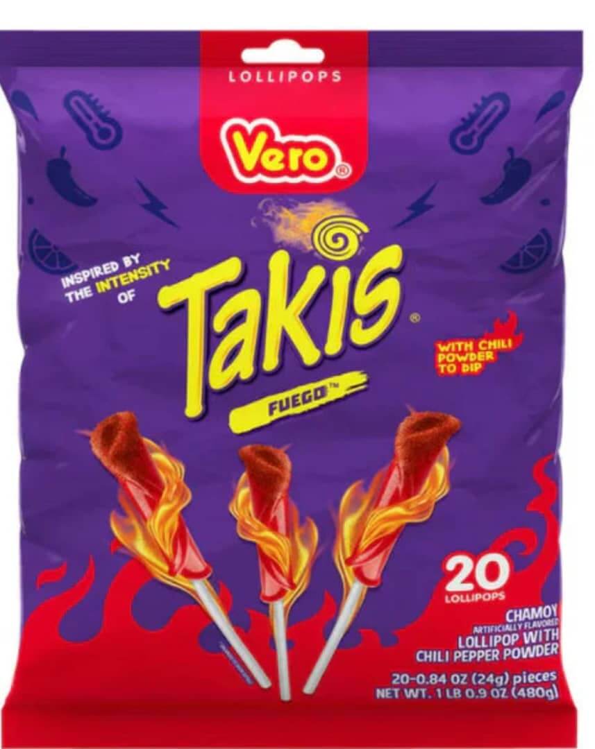VERO Takis Fuego lollipops package featuring chili powder-coated lollipops with spicy-sweet flavor.