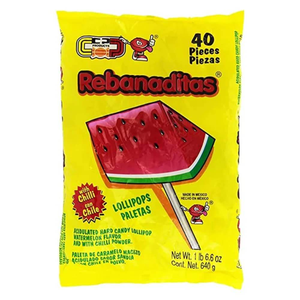 Vero Rebanaditas Watermelon Chili Lollipops package featuring 40 pieces of sweet and spicy Mexican candy.