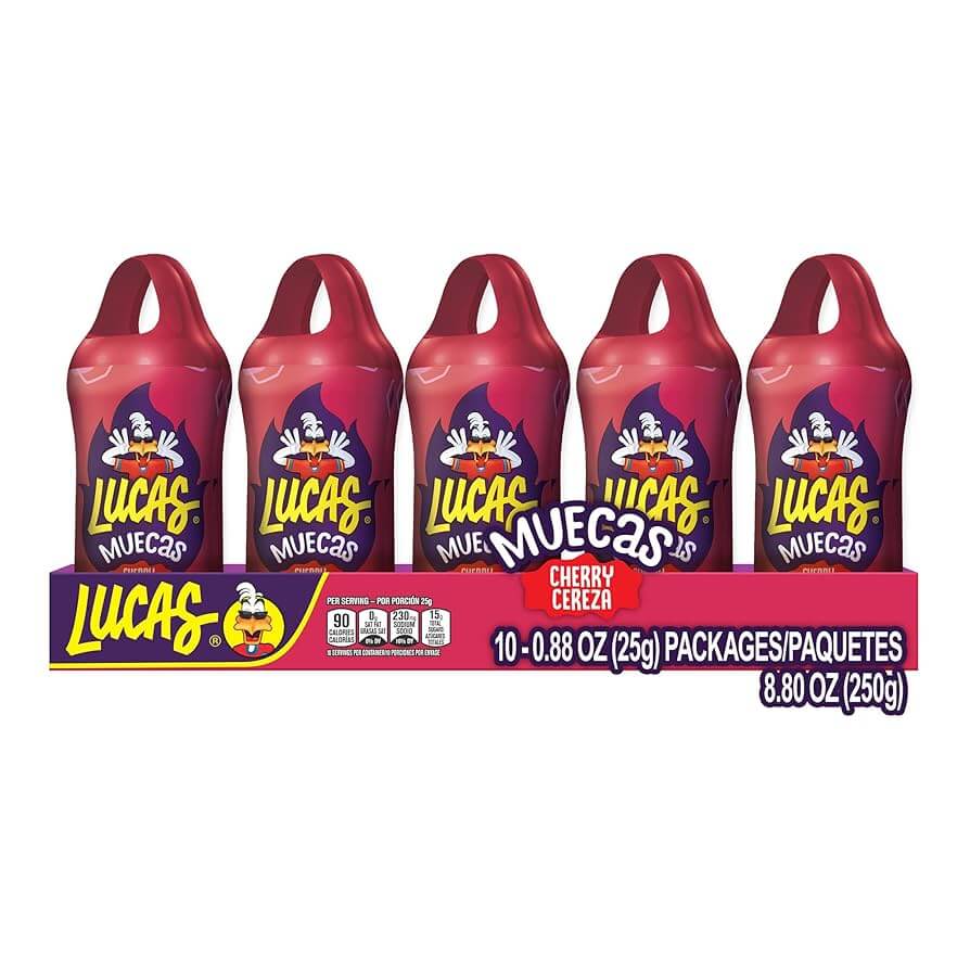 Lucas Muecas Cherry Lollipops box of 10 with bold flavor and fun packaging, perfect for spicy and sweet candy lovers.
