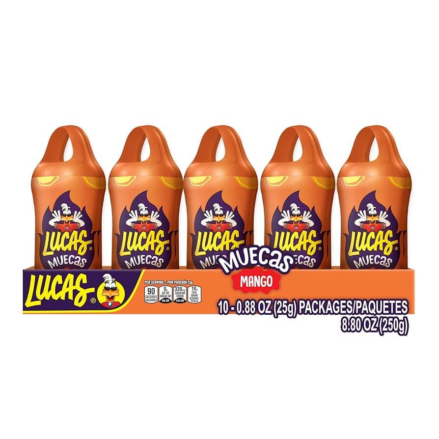 Box of 10 Lucas Muecas Mango lollipops with chili powder dip for a sweet and spicy treat.
