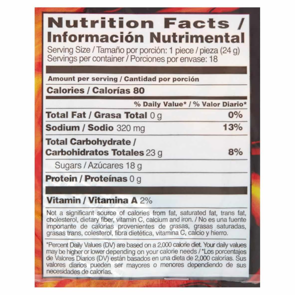 Nutrition facts label for Sonrics Rockaleta Tamarindo lollipop, detailing calories, serving size, and ingredients.