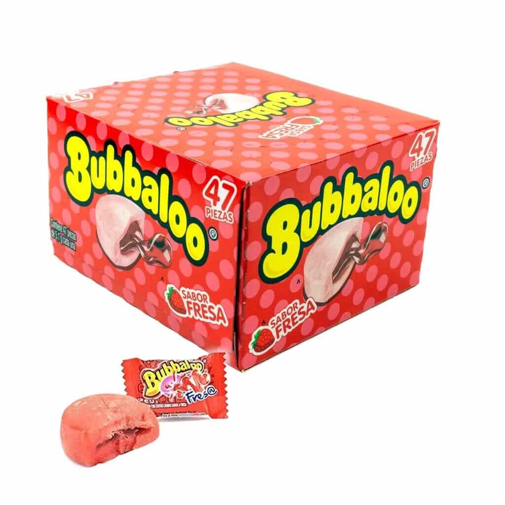 Bubbaloo gum box with strawberry flavor featuring jelly-filled center, 47 pieces of sweet and chewy gum.