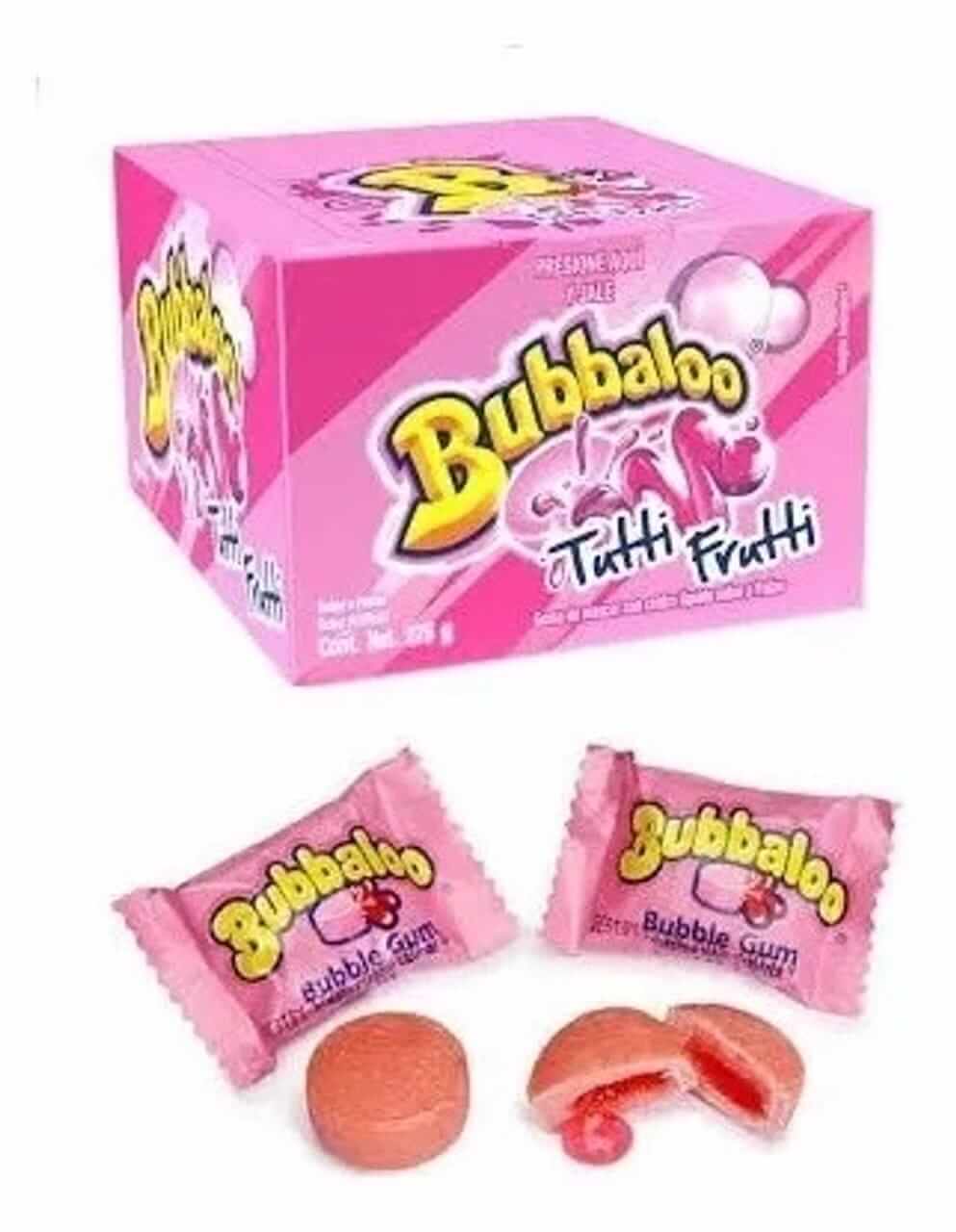Bubbaloo Tutti Frutti bubble gum box with pink packaging and jelly-filled gum pieces.