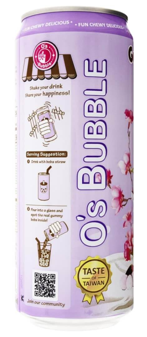 O's Bubble Gummy Boba Latte can featuring milk and gummy boba pearls, flavored with Taro and made in Taiwan.