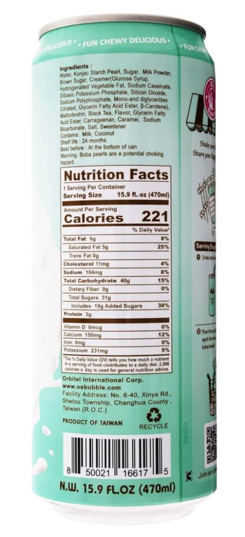 Nutrition facts and ingredients for Gummy Boba Latte, featuring 22% whole milk and chewy gummy boba pearls, made in Taiwan.