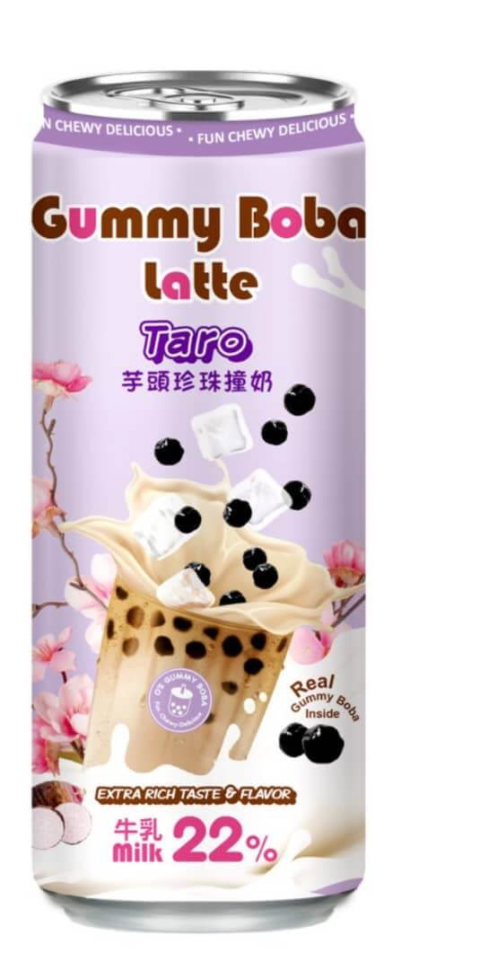 Gummy Boba Latte Taro flavor can featuring 22% whole milk and chewy gummy boba pearls on a colorful design.