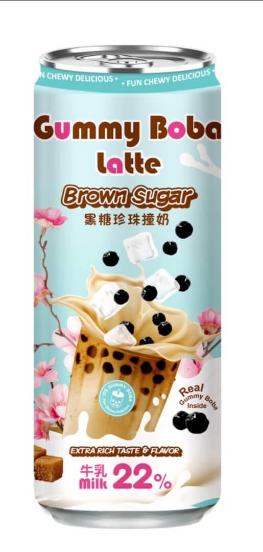 Gummy Boba Latte in Brown Sugar flavor, featuring rich milk and gummy boba pearls, ready-to-drink beverage.