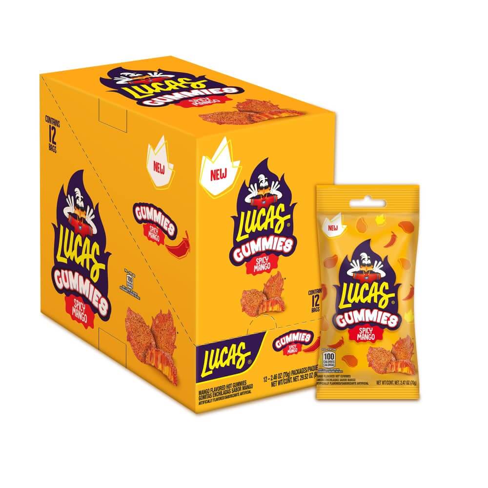 Lucas Gummies Spicy Mango pack featuring box of 12 and individual pouch for a sweet and spicy candy experience.