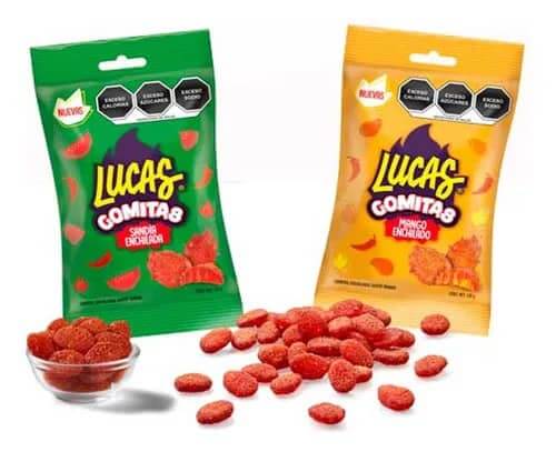 Lucas Gummies in Spicy Mango and Spicy Watermelon flavors, featuring sweet fruity flavors with a chili kick.