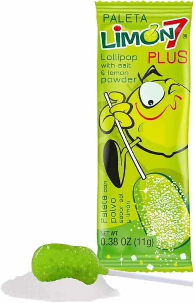 Limon 7 Plus lollipop with salt and lemon powder, offering a zesty, refreshing citrus flavor adventure.