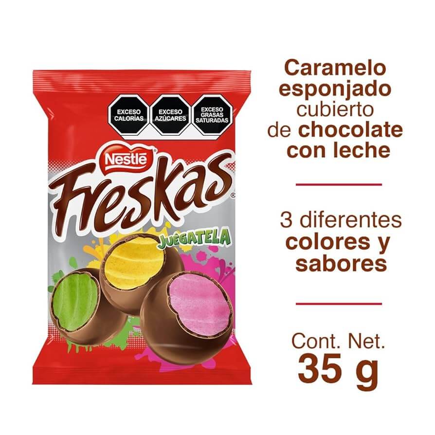 Colorful packaging of Nestle Freskas Guegatela chocolate-covered caramel snacks with vibrant flavors.
