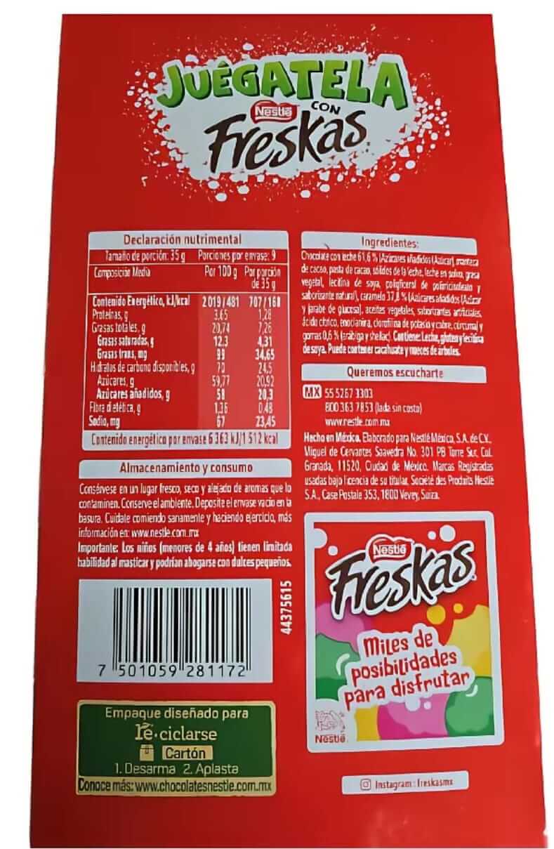 Freskas Guegatela product packaging with nutritional info and colorful design, showcasing chocolate-covered wafer candies.