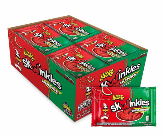 Lucas Skwinkles Salsagheti Watermelon candy box with packs, featuring unique sweet, sour, and spicy flavors.