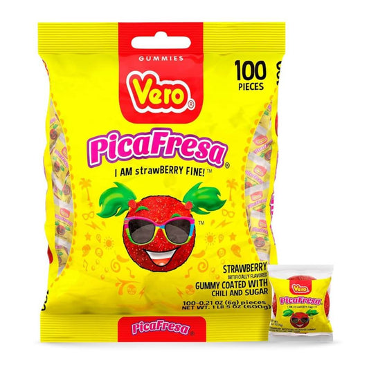 Vero Pica Fresa gummy candy bag with 100 pieces, featuring strawberry flavor with chili coating.