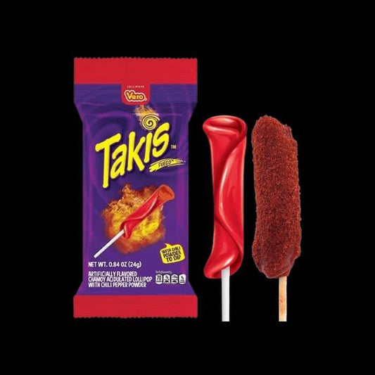 VERO Takis Fuego lollipops, spicy chili-coated candy with a sweet flavor, pack of 24g on black background.