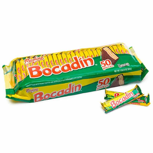 Ricolino Bocadin chocolate wafer pack with 50 pieces, featuring chocolate and peanut butter filling, perfect for snacking.