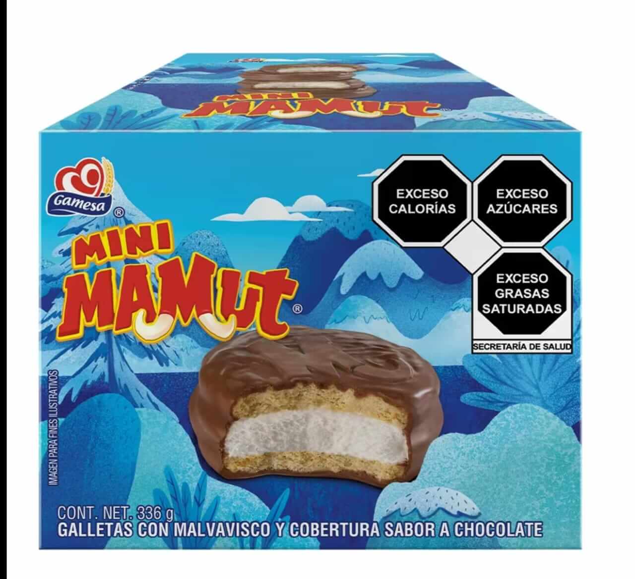 Gamesa Mini Mamut chocolate marshmallow cookies packaging with vibrant blue design and health labels.