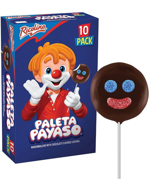 Ricolino Paleta Payaso marshmallow lollipops with chocolate coating, featuring a clown character, packaged in a 10 pack.