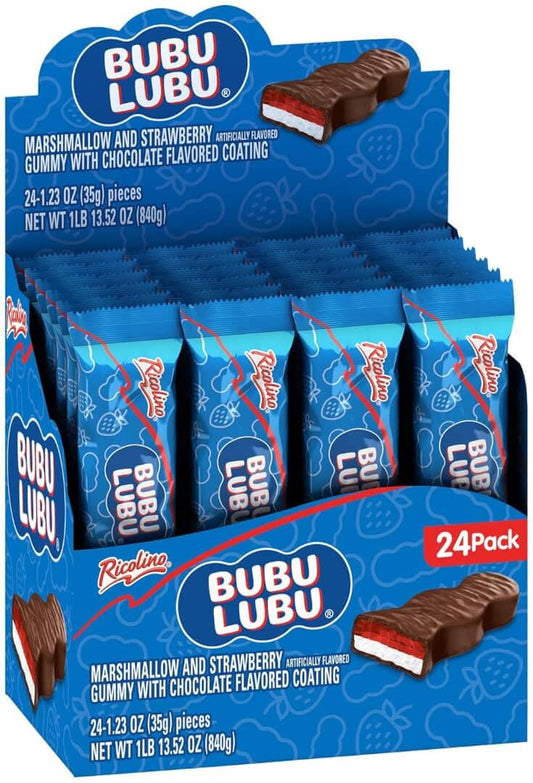 Ricolino Bubulubu marshmallow and strawberry gummy bar, 24-pack, chocolate coated snack for sharing.