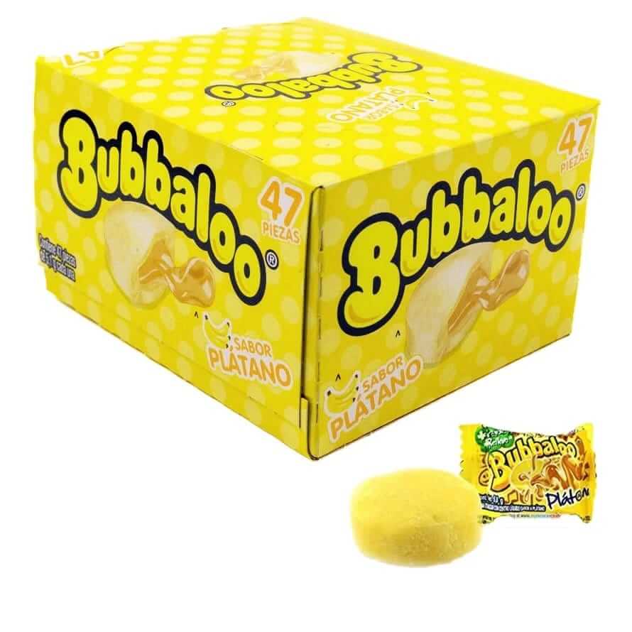 Bubbaloo banana-flavored gum box with 47 pieces and jelly-filled center for a burst of flavor.