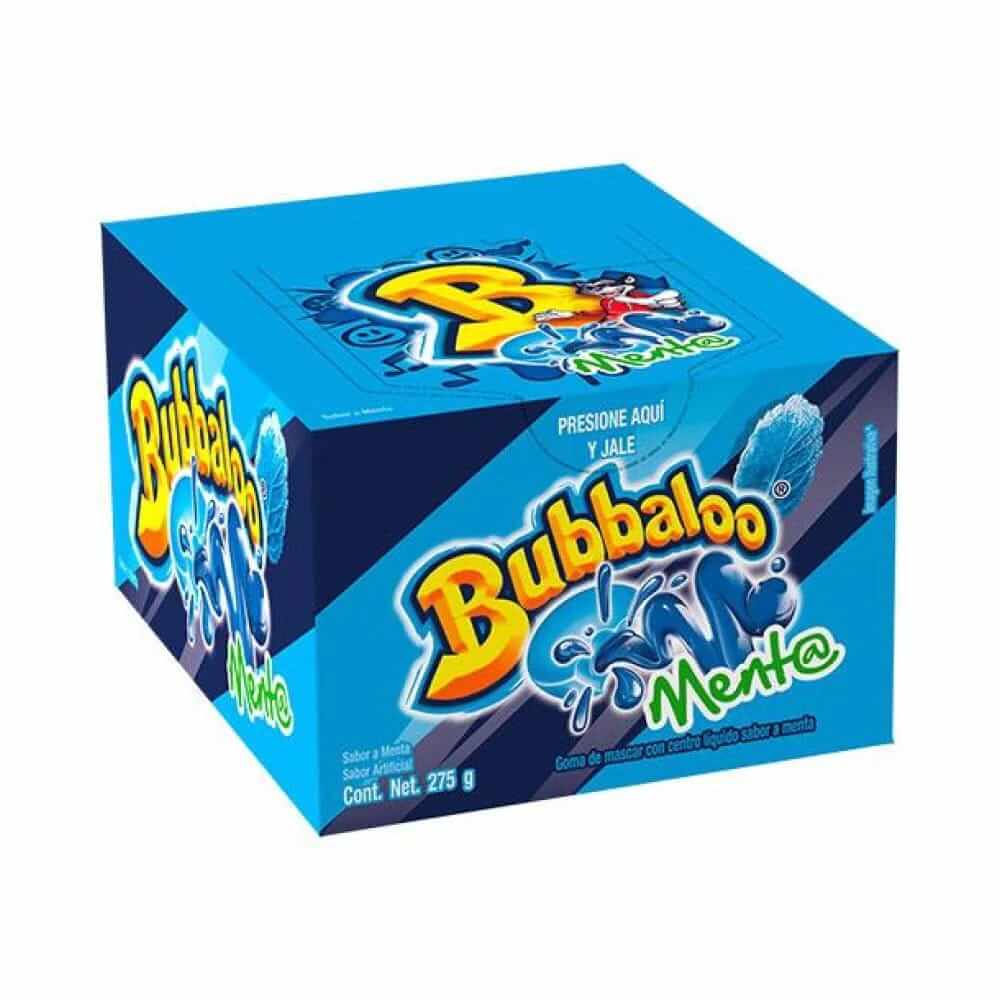 Bubbaloo Gum Mint flavor box, 275g with jelly-filled center, showcasing vibrant blue packaging.