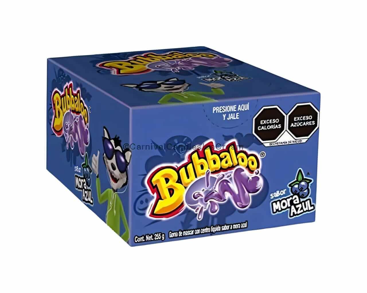 Bubbaloo Mora Azul gum box featuring jelly-filled center, 47 pieces of berry blue flavor, bright packaging.
