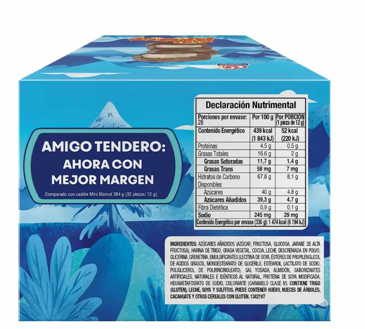 Nutritional information of Gamesa Mini Mamut chocolate marshmallow cookies pack, showcasing calories and ingredients.