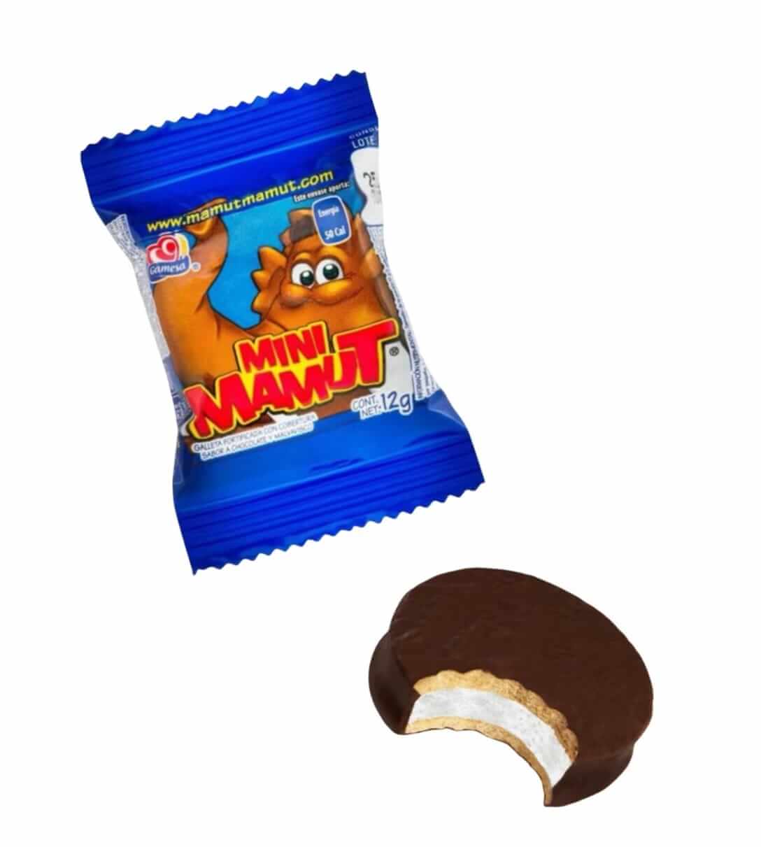 Pack of Mini Mamut Mexican cookies with chocolate marshmallow filling, showcasing a bitten cookie.